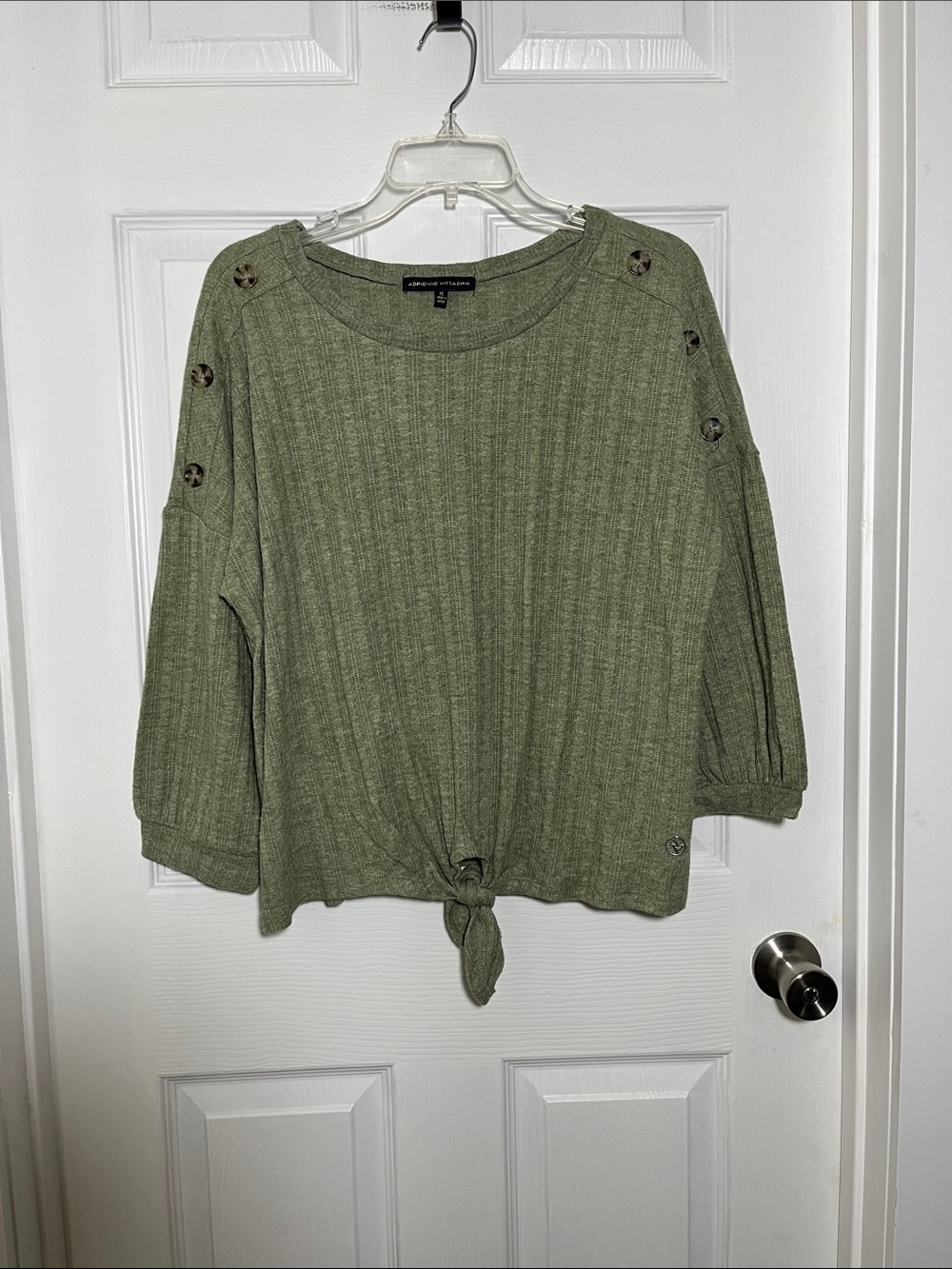 Adrienne Vittadini Olive Ribbed Tie-Front  Top